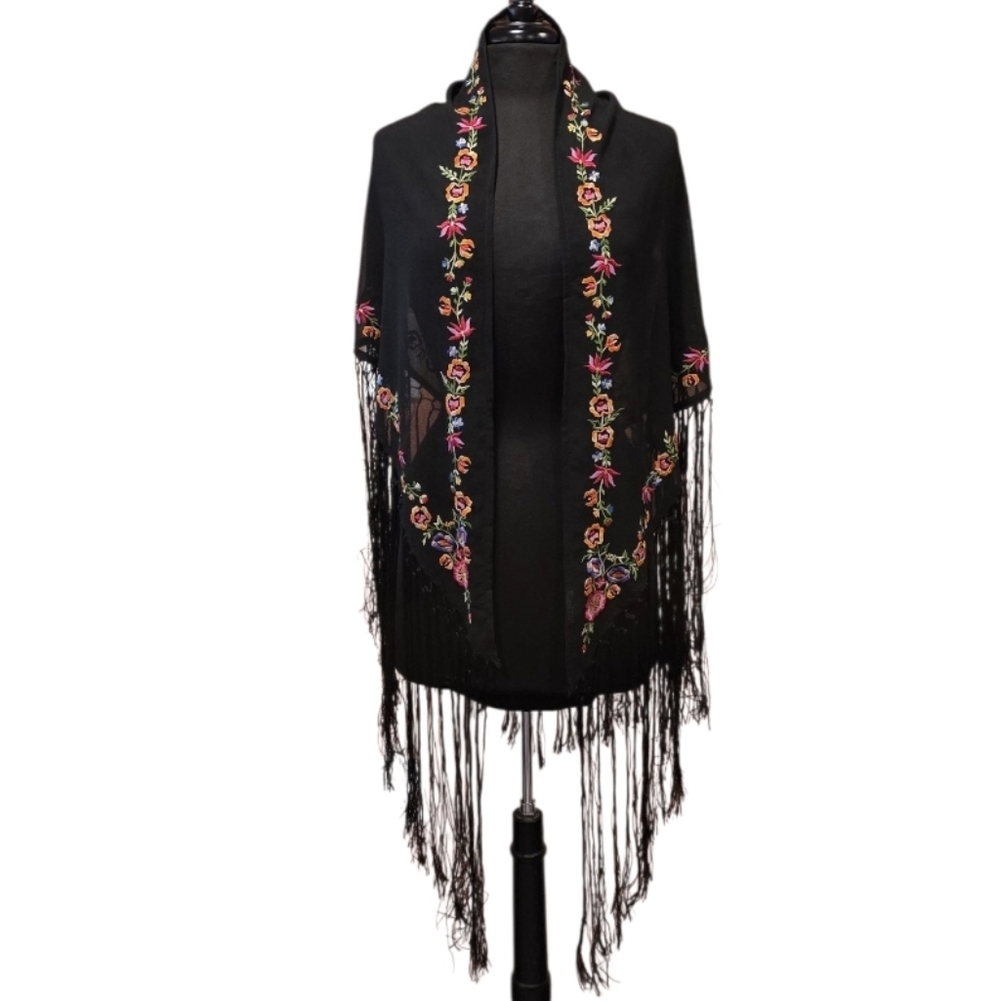 Vintage Black Shawl Colorful Floral Embroidery Fringe Festival Boho Chic